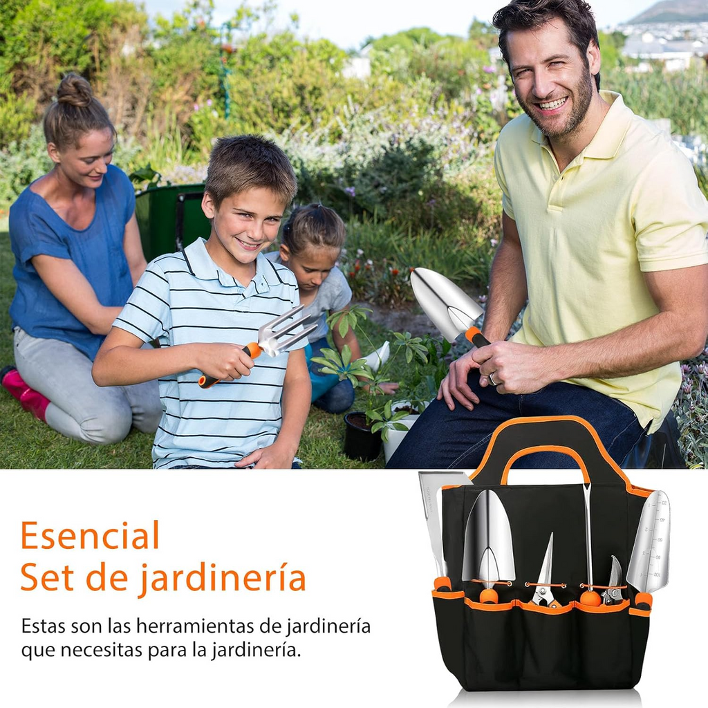 Conjunto de 10 ferramentas de jardinagem resistentes em aço inoxidável – Preto e laranja