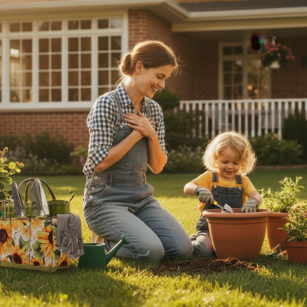 Conjunto de 12 ferramentas de jardinagem em aço inoxidável com cabos de madeira e saco impermeável com padrão de girassóis