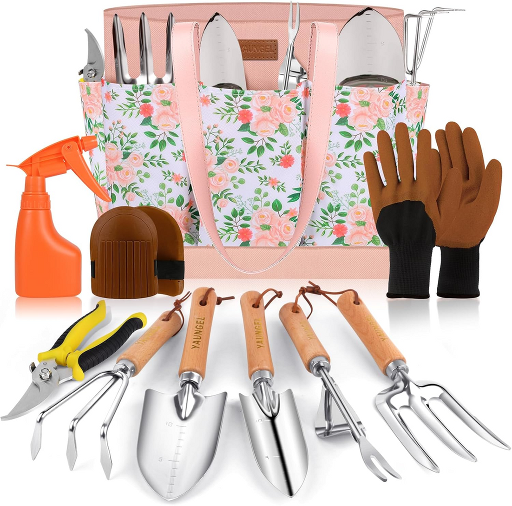 Conjunto de 10 ferramentas de jardinagem em aço inoxidável com cabos de madeira antiderrapantes – Rosa