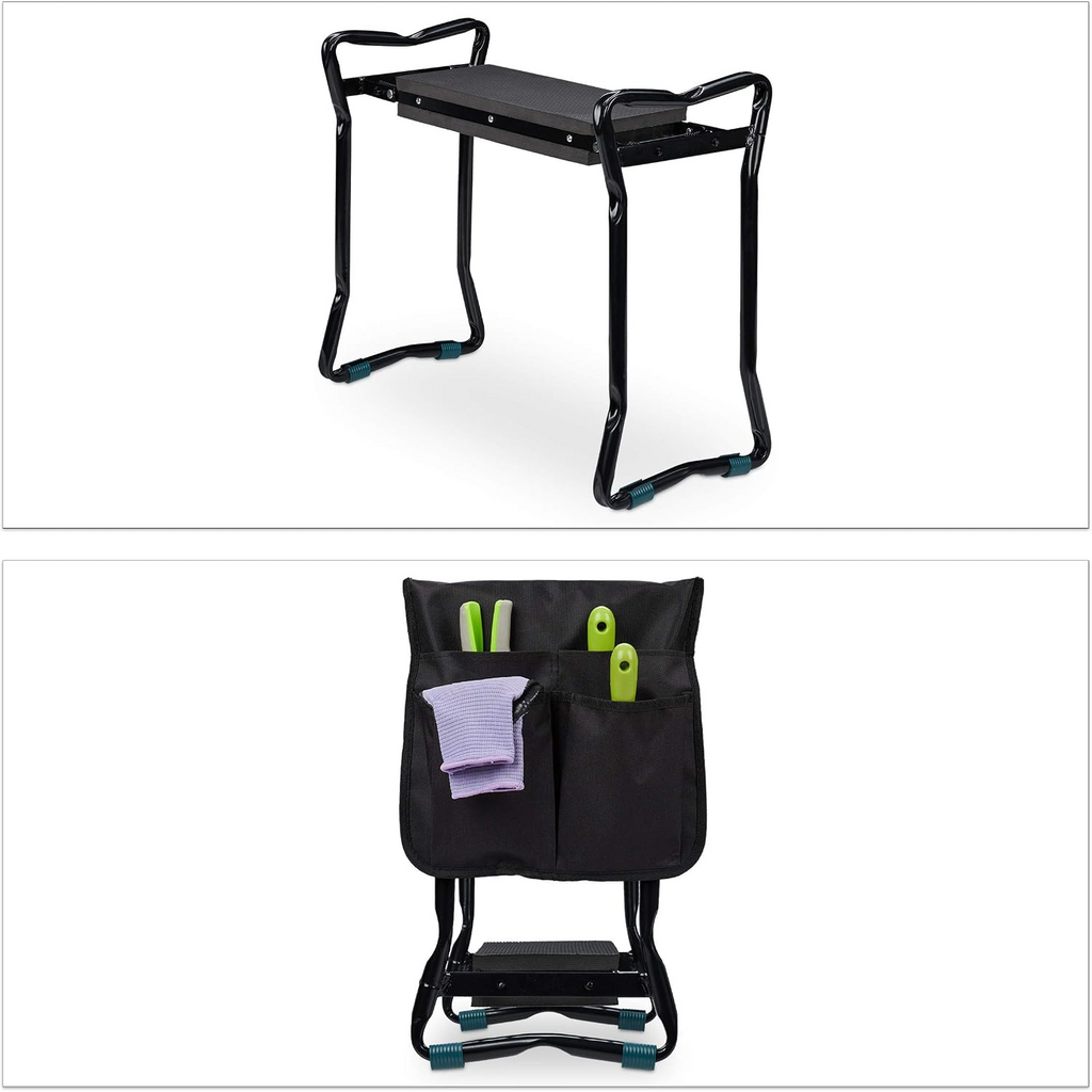 Banco de jardim e ajoelhador dobrável, até 150 kg, com 2 bolsos – Preto