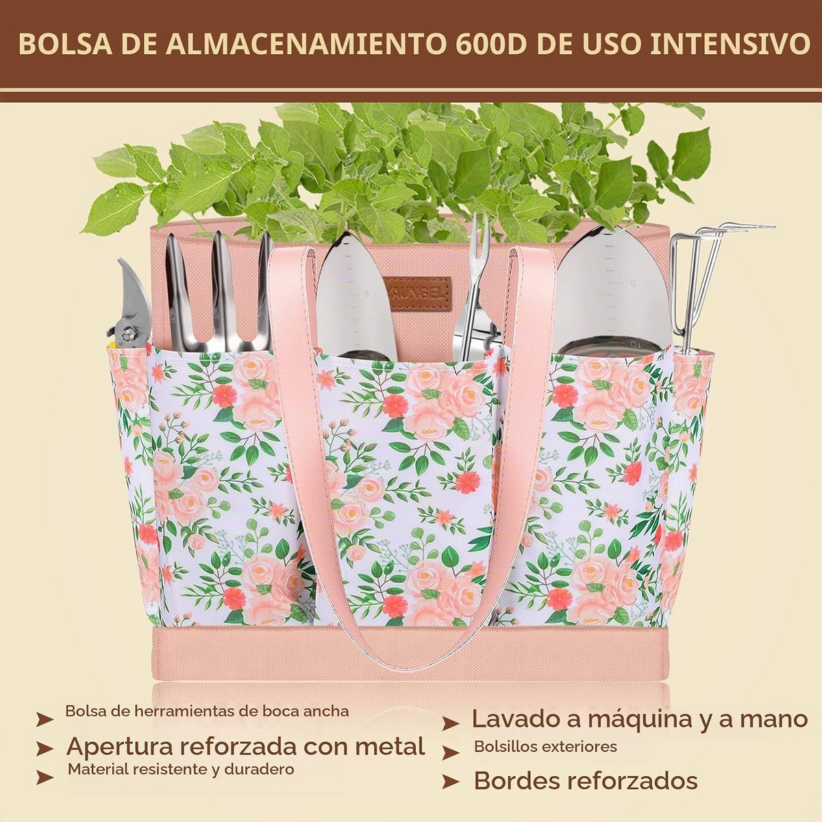 Conjunto de 10 ferramentas de jardinagem em aço inoxidável com cabos de madeira antiderrapantes – Rosa
