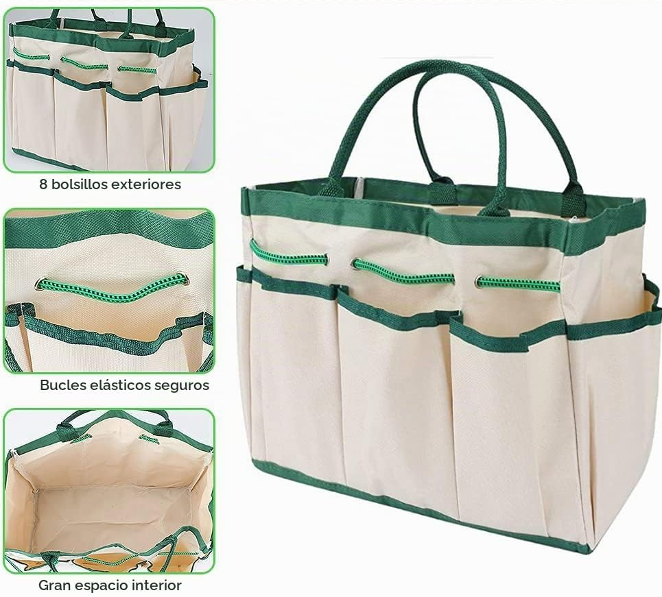 Conjunto de 16 ferramentas de jardinagem com padrão floral, tesoura de poda e saco de arrumação – Verde