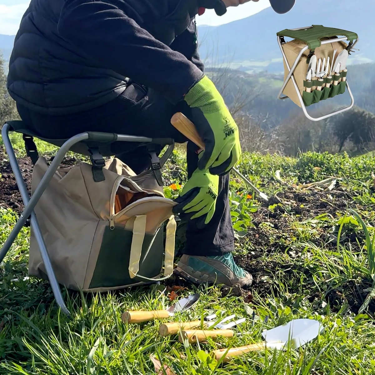 Conjunto de jardinagem com banco dobrável, saco com fecho e 5 ferramentas com cabos de madeira