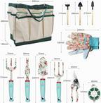 Conjunto de 16 ferramentas de jardinagem com padrão floral, tesoura de poda e saco de arrumação – Verde