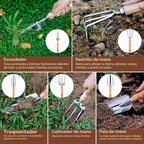 Conjunto de 10 ferramentas de jardinagem em aço inoxidável com cabos de madeira antiderrapantes – Rosa