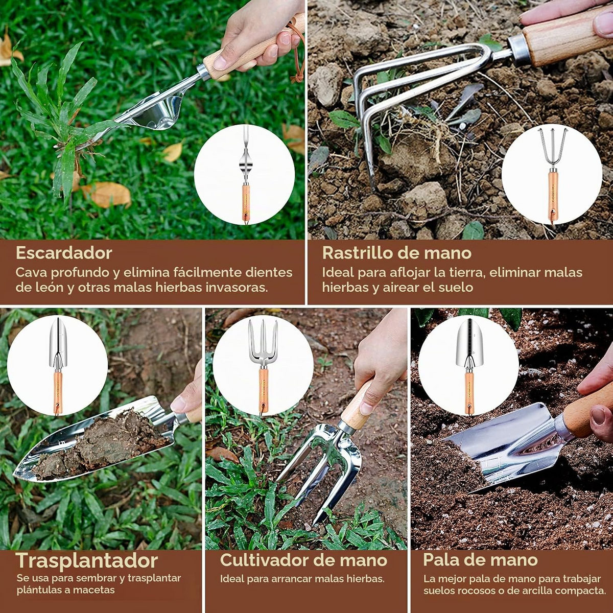 Conjunto de 10 ferramentas de jardinagem em aço inoxidável com cabos de madeira antiderrapantes – Rosa