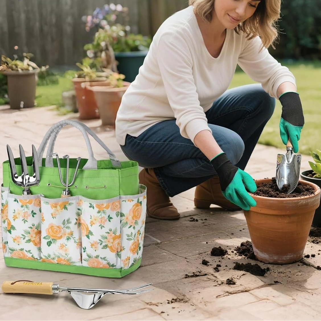 Conjunto de 10 ferramentas de jardinagem em aço inoxidável com cabos de madeira antiderrapantes – Verde floral