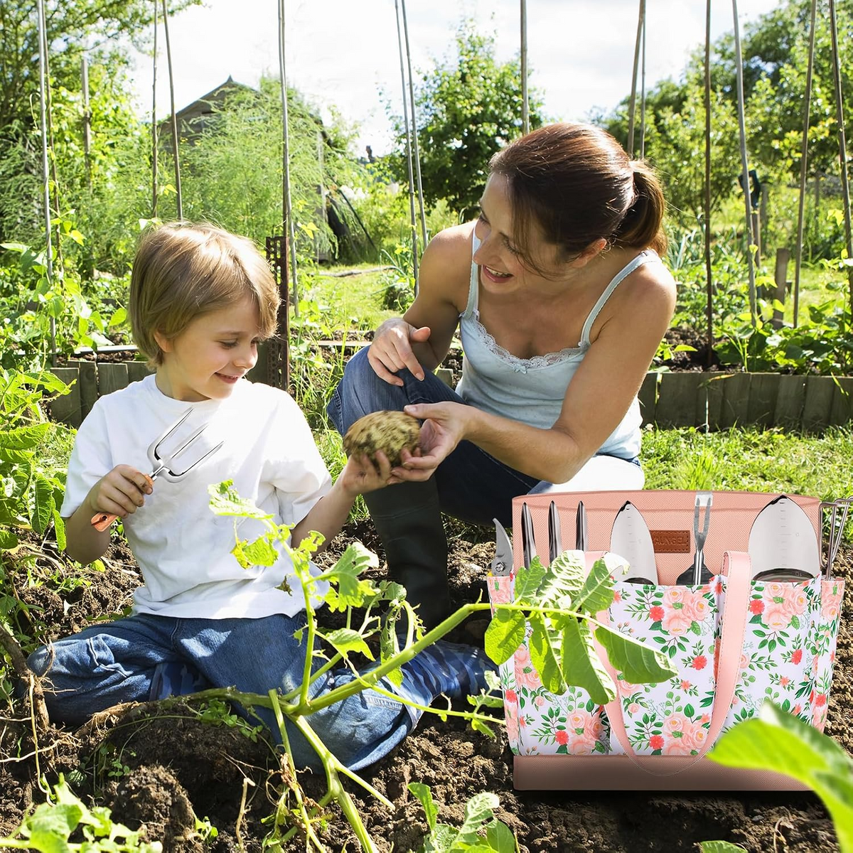 Conjunto de 10 ferramentas de jardinagem em aço inoxidável com cabos de madeira antiderrapantes – Rosa