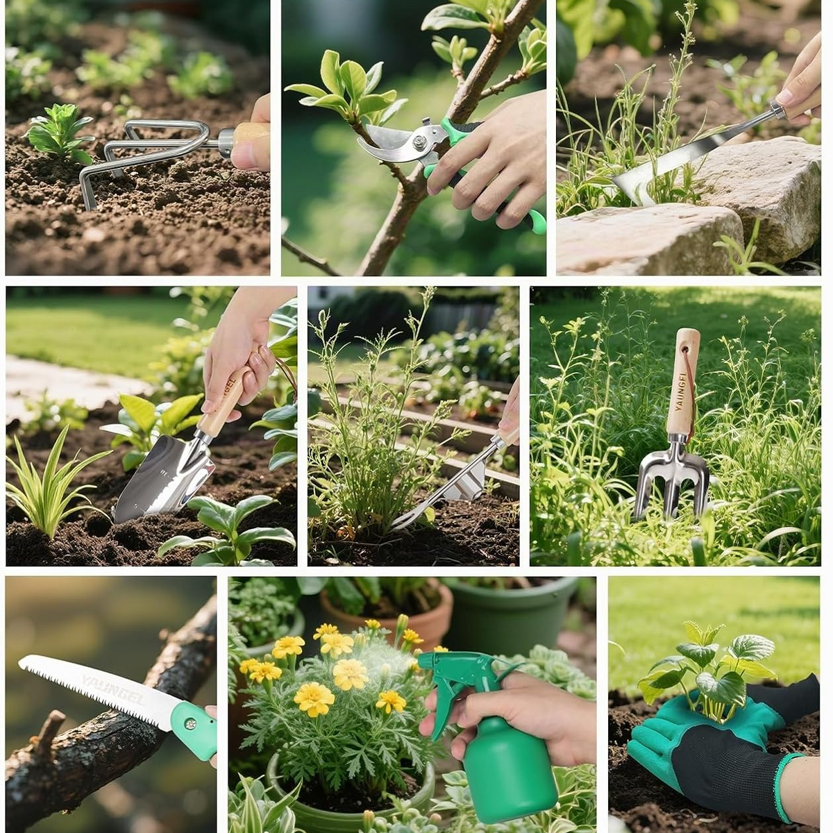 Conjunto de 10 ferramentas de jardinagem em aço inoxidável com cabos de madeira antiderrapantes – Verde floral