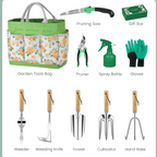 Conjunto de 10 ferramentas de jardinagem em aço inoxidável com cabos de madeira antiderrapantes – Verde floral