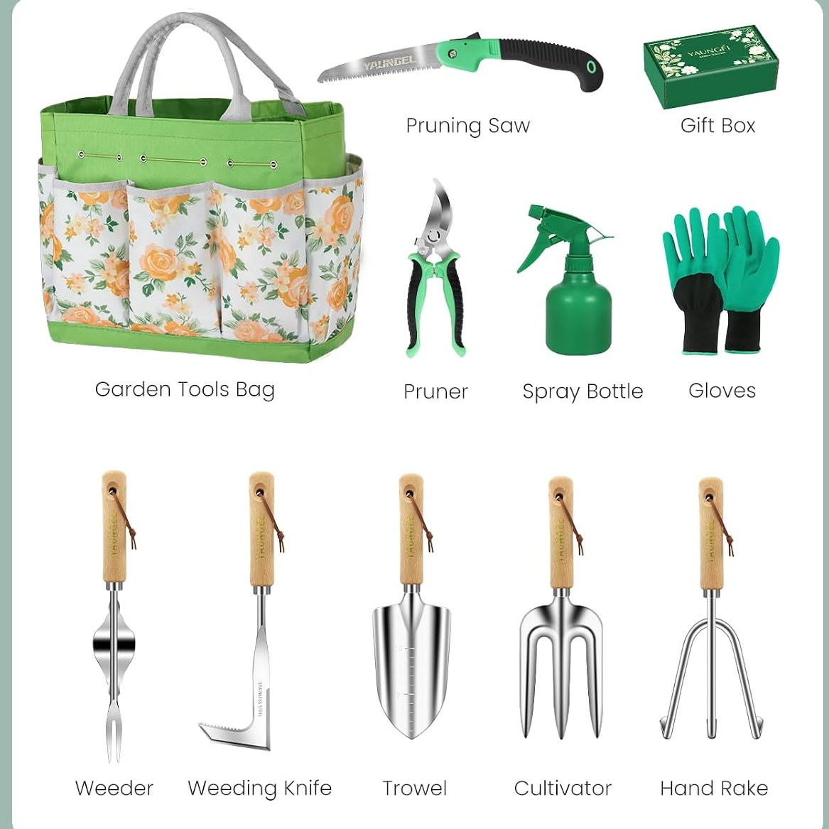 Conjunto de 10 ferramentas de jardinagem em aço inoxidável com cabos de madeira antiderrapantes – Verde floral