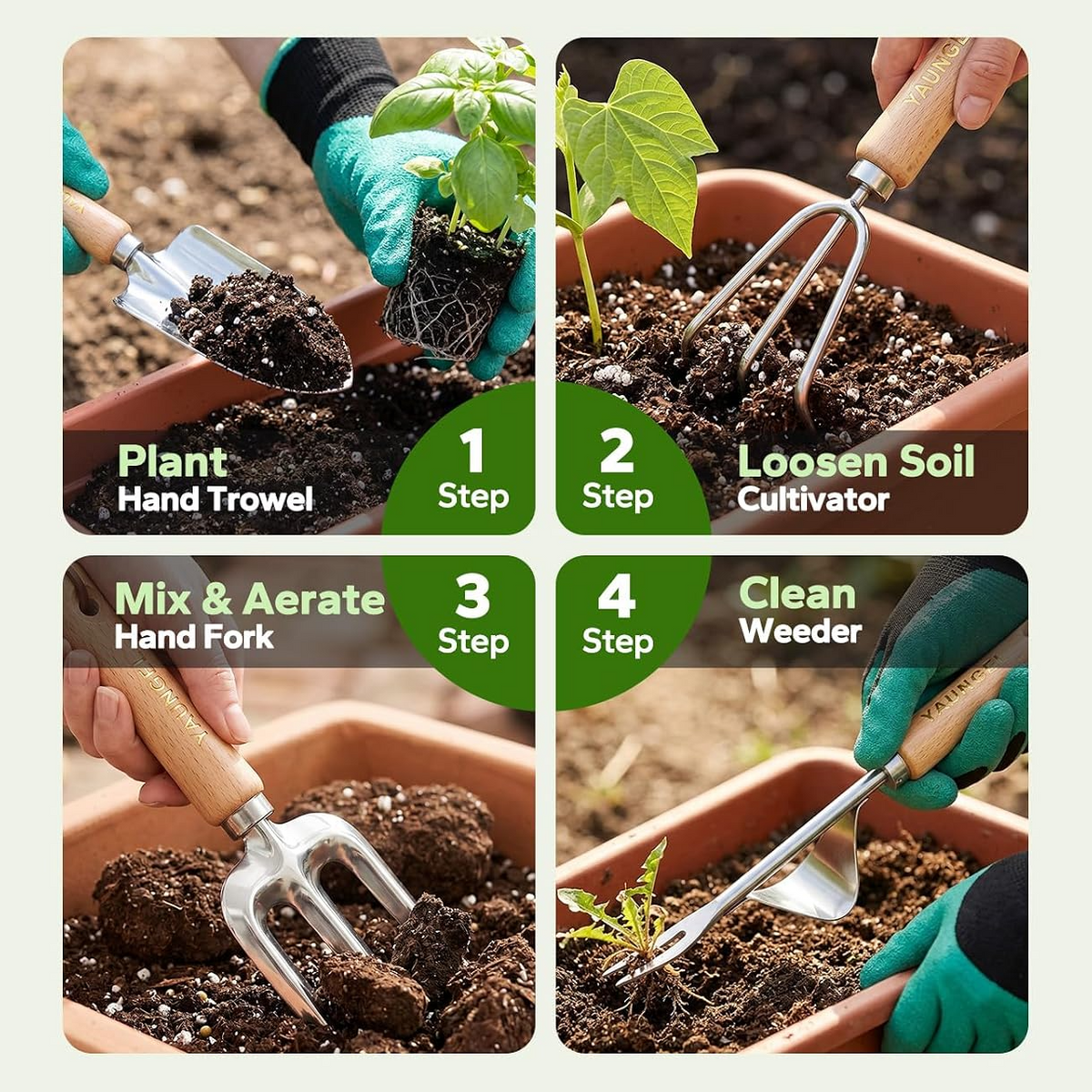 Conjunto de 10 ferramentas de jardinagem em aço inoxidável com cabos de madeira – Verde