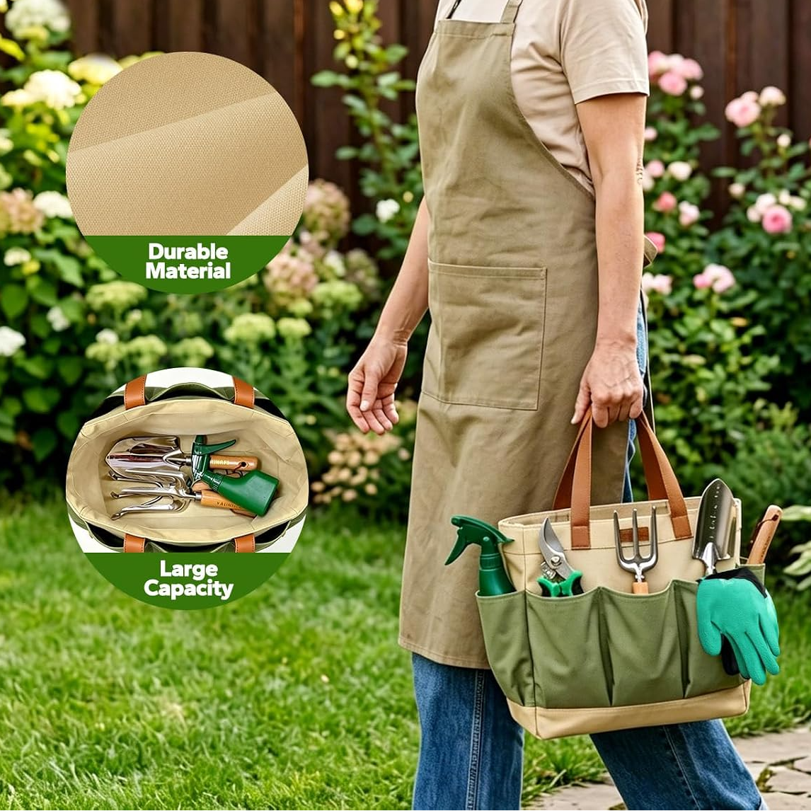 Conjunto de 10 ferramentas de jardinagem em aço inoxidável com cabos de madeira – Verde