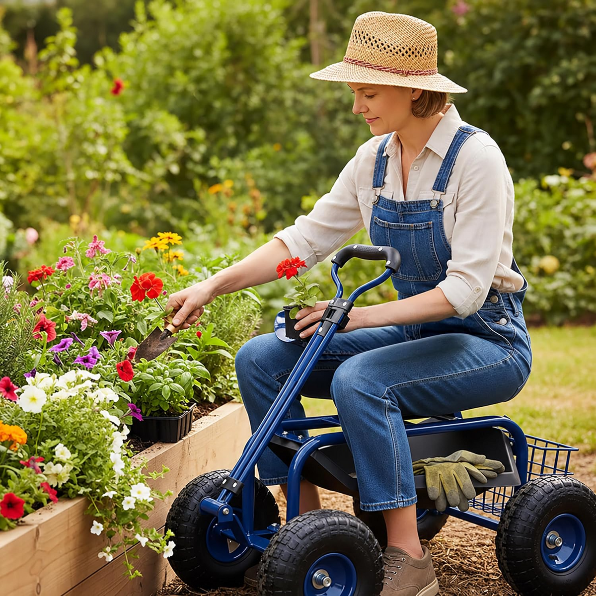 Carrinho de jardinagem com assento regulável, 4 rodas pneumáticas e espaço de arrumação – Azul