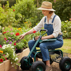 Carrinho de jardinagem com assento regulável, 4 rodas pneumáticas e espaço de arrumação – Verde