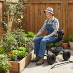Carrinho de jardinagem com assento regulável, encosto, almofada e espaço de arrumação – Preto