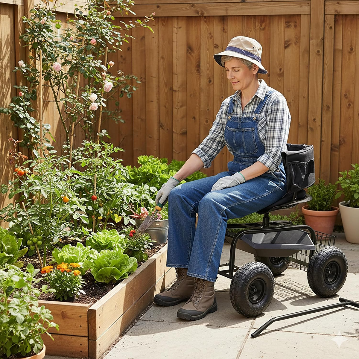 Carrinho de jardinagem com assento regulável, encosto, almofada e espaço de arrumação – Preto