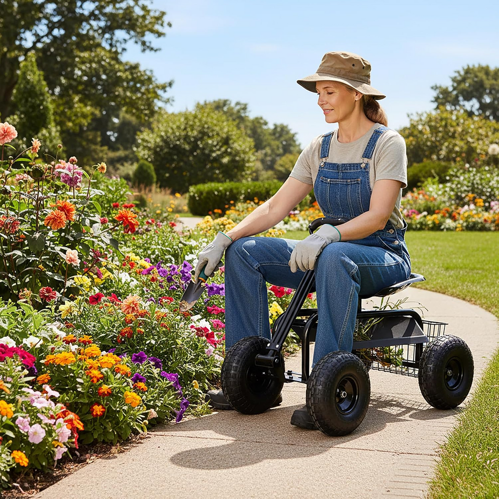 Carrinho de jardinagem com assento regulável, 4 rodas pneumáticas e espaço de arrumação – Preto