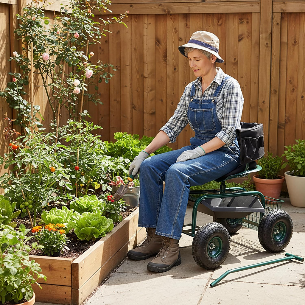 Carrinho de jardinagem com assento regulável, encosto, almofada e espaço de arrumação – Verde