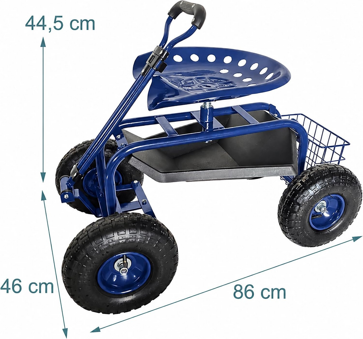 Carrinho de jardinagem com assento regulável, 4 rodas pneumáticas e espaço de arrumação – Azul