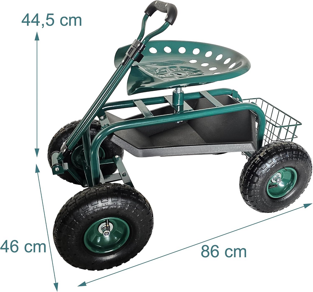 Carrinho de jardinagem com assento regulável, 4 rodas pneumáticas e espaço de arrumação – Verde