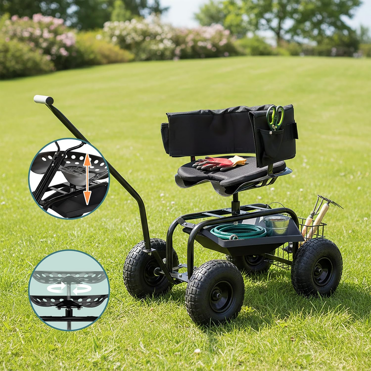 Carrinho de jardinagem com assento regulável, encosto, almofada e espaço de arrumação – Preto