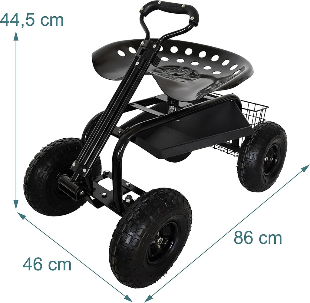 Carrinho de jardinagem com assento regulável, 4 rodas pneumáticas e espaço de arrumação – Preto