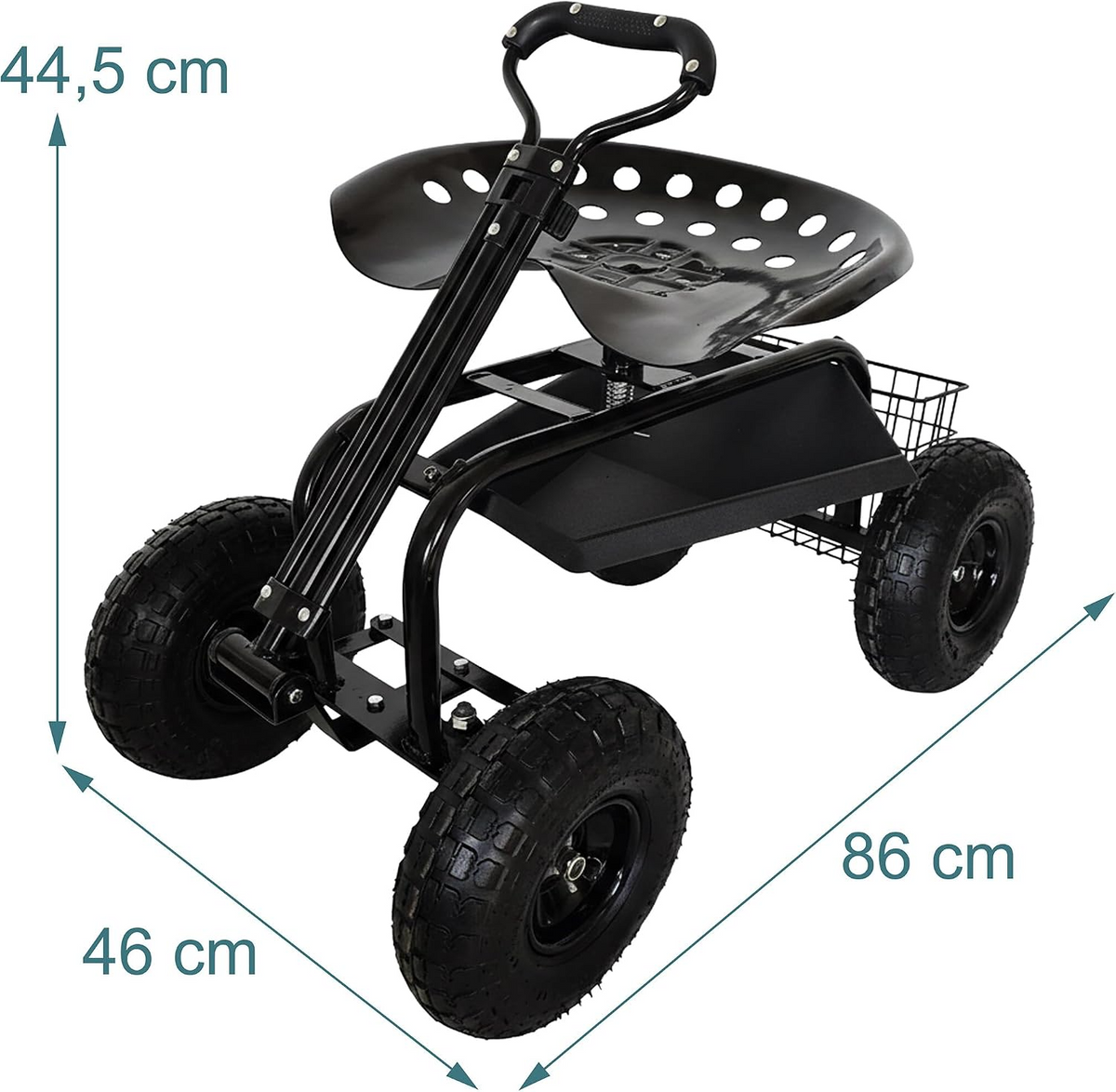 Carrinho de jardinagem com assento regulável, 4 rodas pneumáticas e espaço de arrumação – Preto