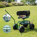 Carrinho de jardinagem com assento regulável, encosto, almofada e espaço de arrumação – Verde