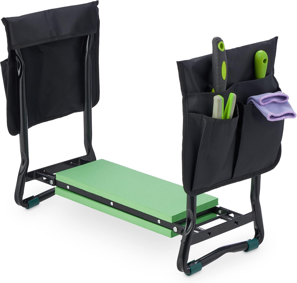 Banco de jardim e ajoelhador dobrável, até 150 kg, com 2 bolsos – Preto e verde