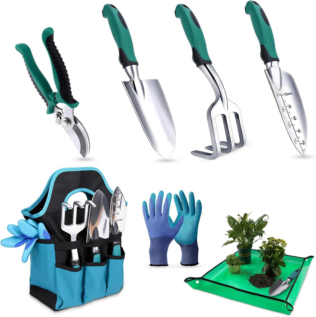 Conjunto de 7 ferramentas de jardinagem resistentes com saco de arrumação – Verde