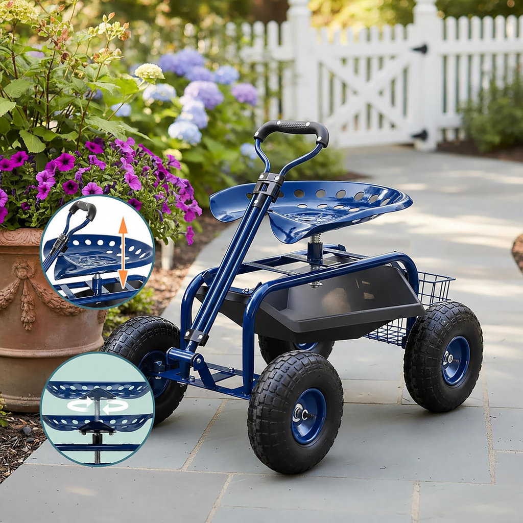 Carrinho de jardinagem com assento regulável, 4 rodas pneumáticas e espaço de arrumação – Azul
