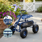 Carrinho de jardinagem com assento regulável, 4 rodas pneumáticas e espaço de arrumação – Azul