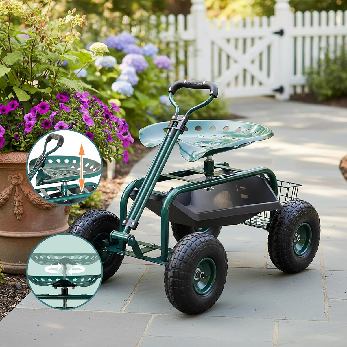 Carrinho de jardinagem com assento regulável, 4 rodas pneumáticas e espaço de arrumação – Verde