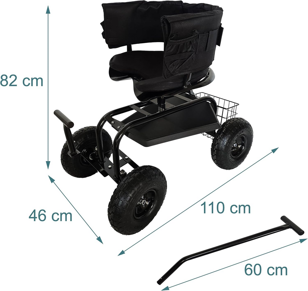 Carrinho de jardinagem com assento regulável, encosto, almofada e espaço de arrumação – Preto