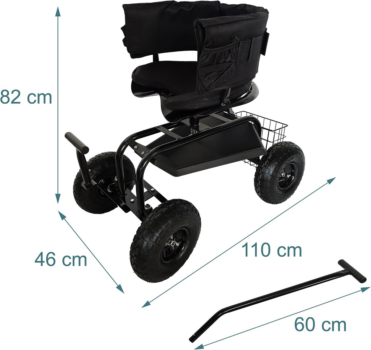 Carrinho de jardinagem com assento regulável, encosto, almofada e espaço de arrumação – Preto