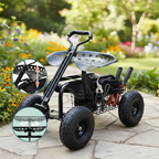 Carrinho de jardinagem com assento regulável, 4 rodas pneumáticas e espaço de arrumação – Preto