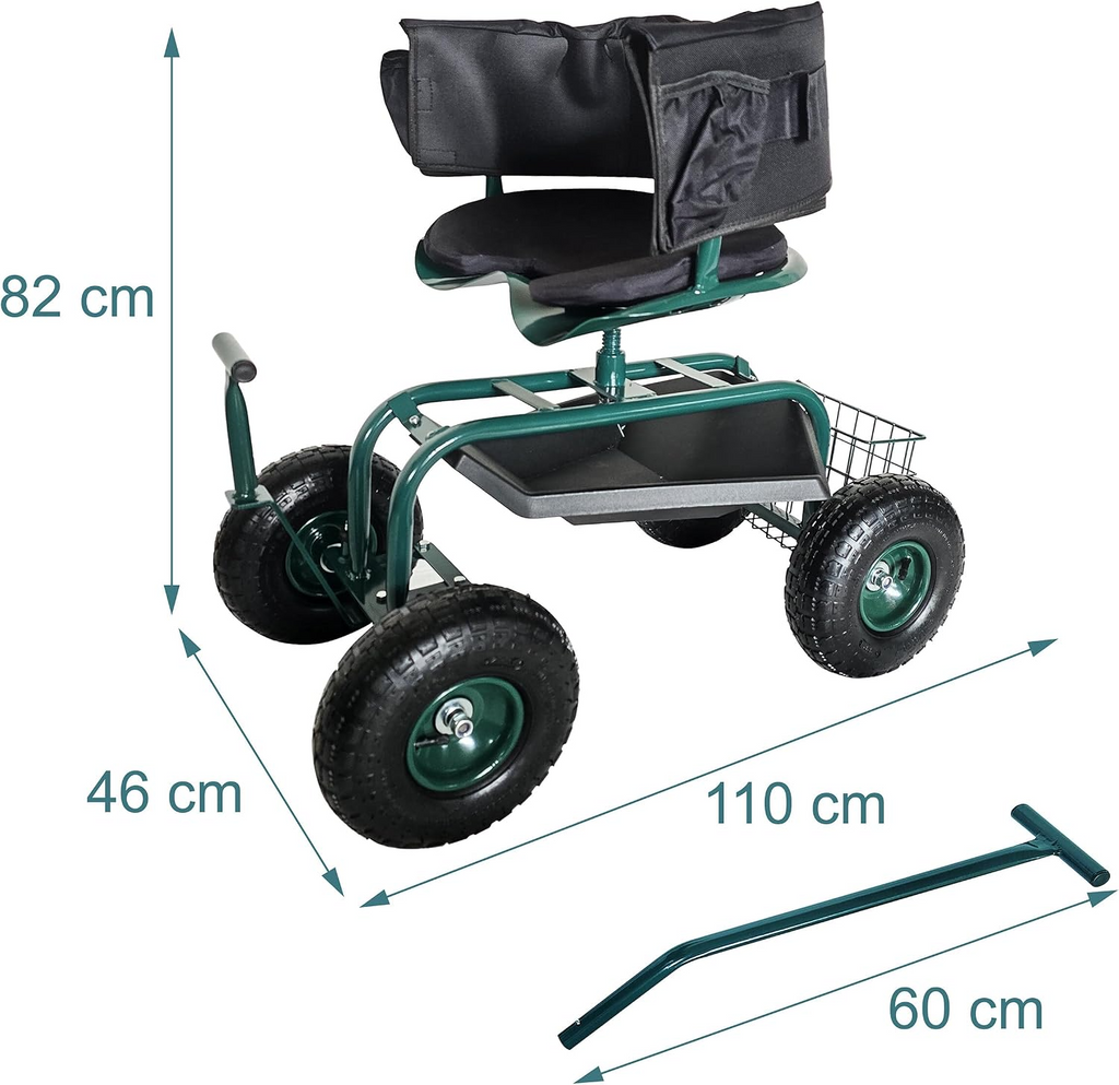 Carrinho de jardinagem com assento regulável, encosto, almofada e espaço de arrumação – Verde
