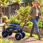 Carrinho de jardinagem com assento regulável, 4 rodas pneumáticas e espaço de arrumação – Azul