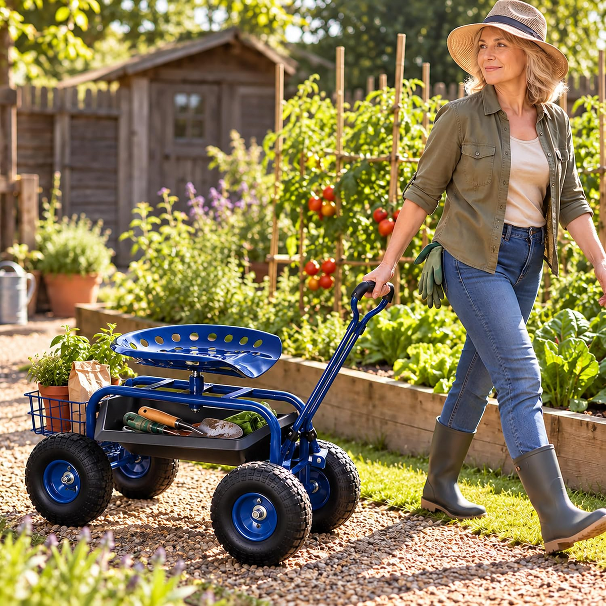 Carrinho de jardinagem com assento regulável, 4 rodas pneumáticas e espaço de arrumação – Azul