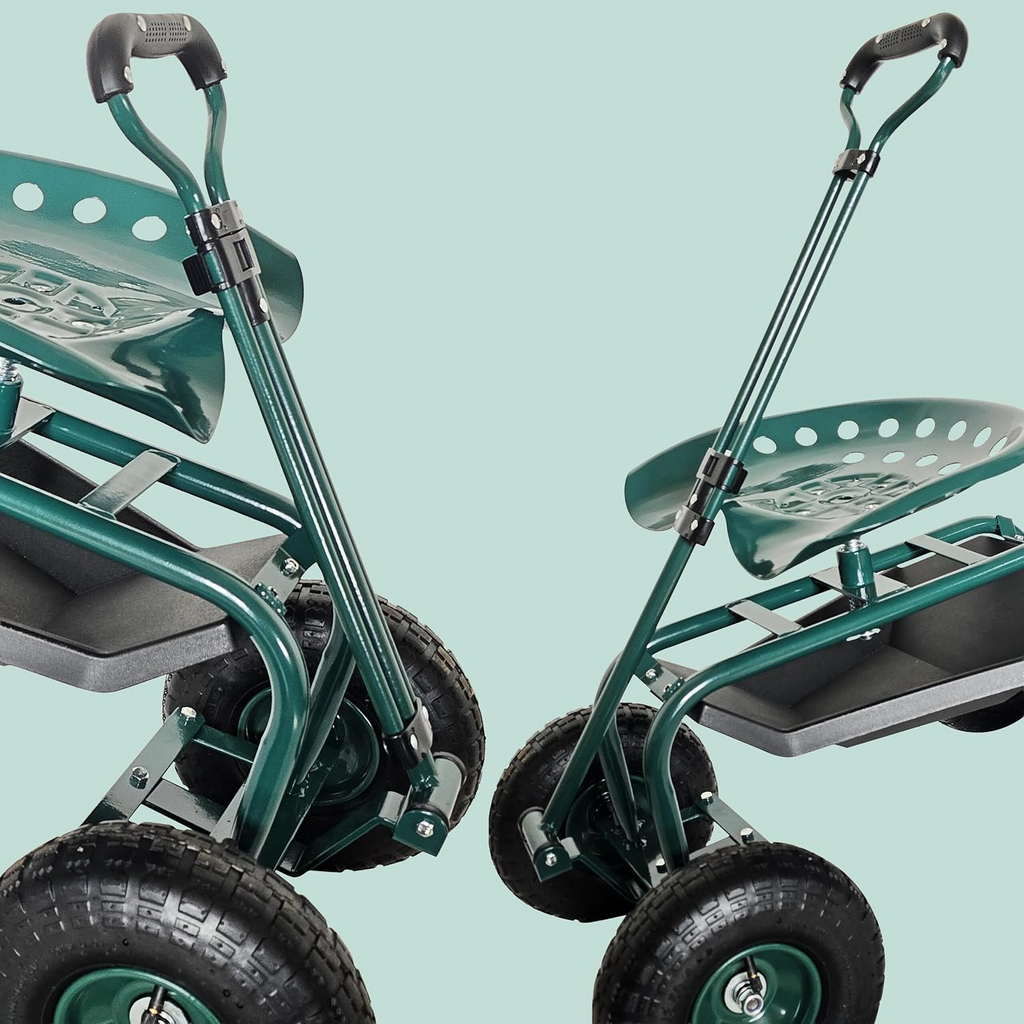 Carrinho de jardinagem com assento regulável, 4 rodas pneumáticas e espaço de arrumação – Verde