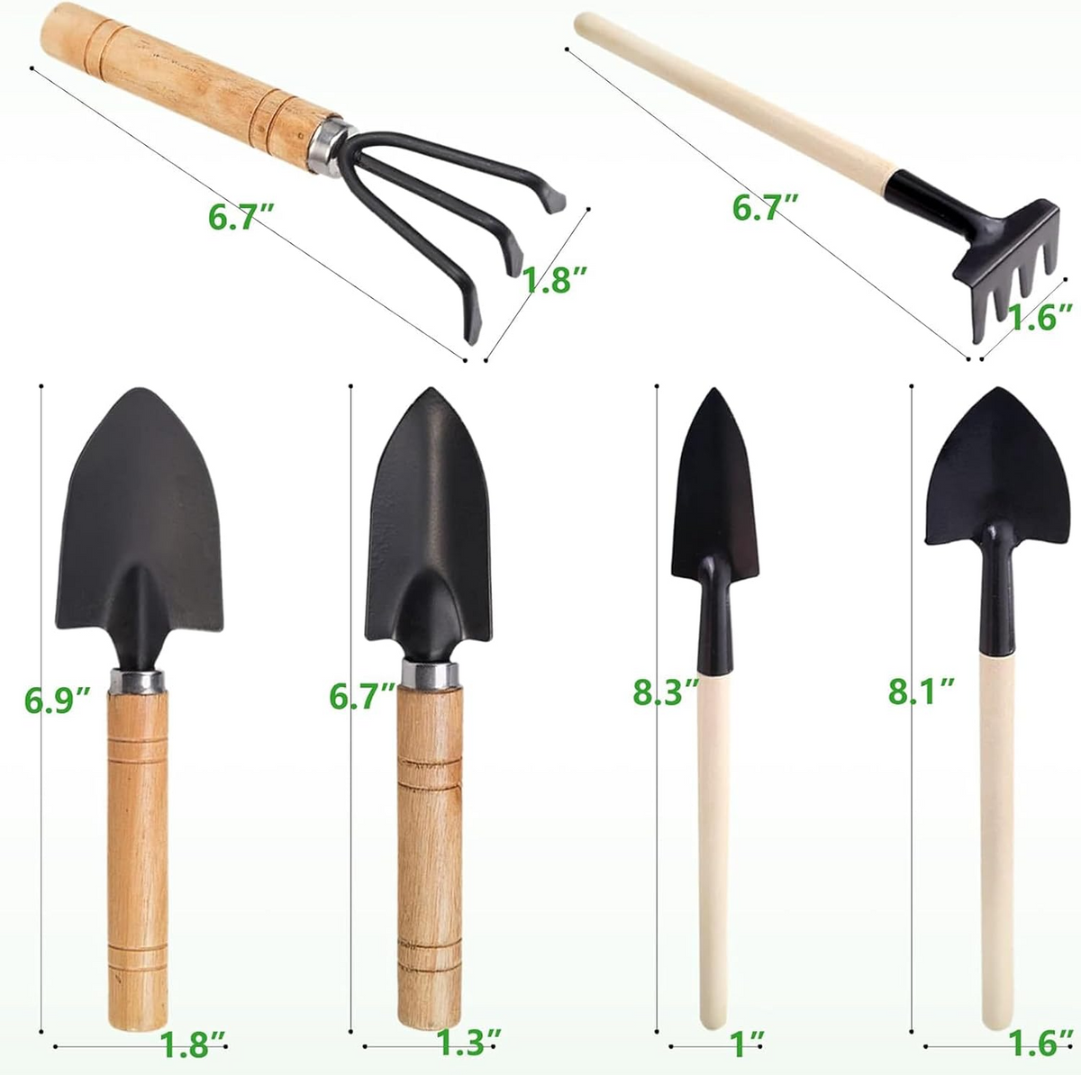 Conjunto de 7 mini ferramentas de jardinagem em metal com cabos de madeira para bonsai, vasos e flores