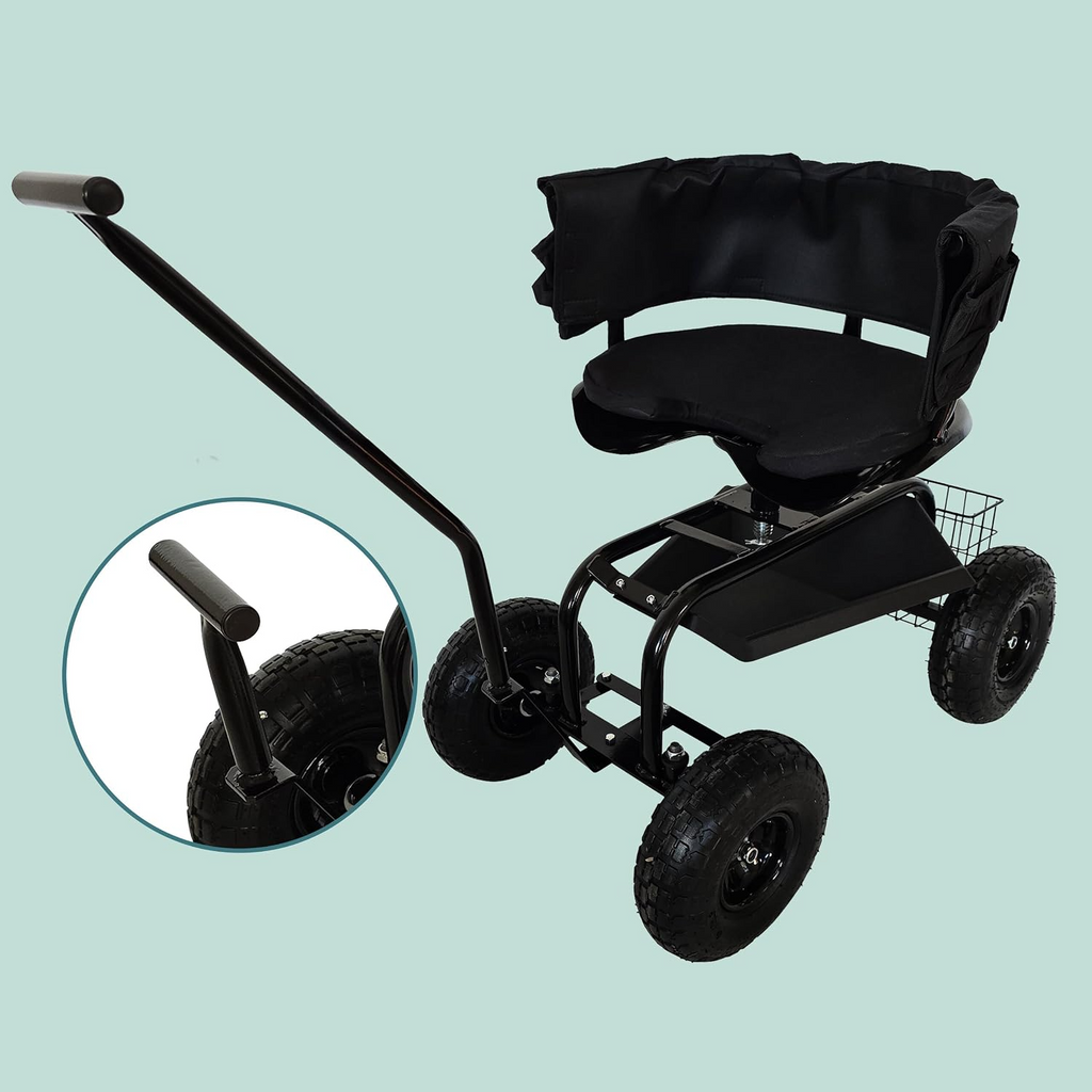 Carrinho de jardinagem com assento regulável, encosto, almofada e espaço de arrumação – Preto