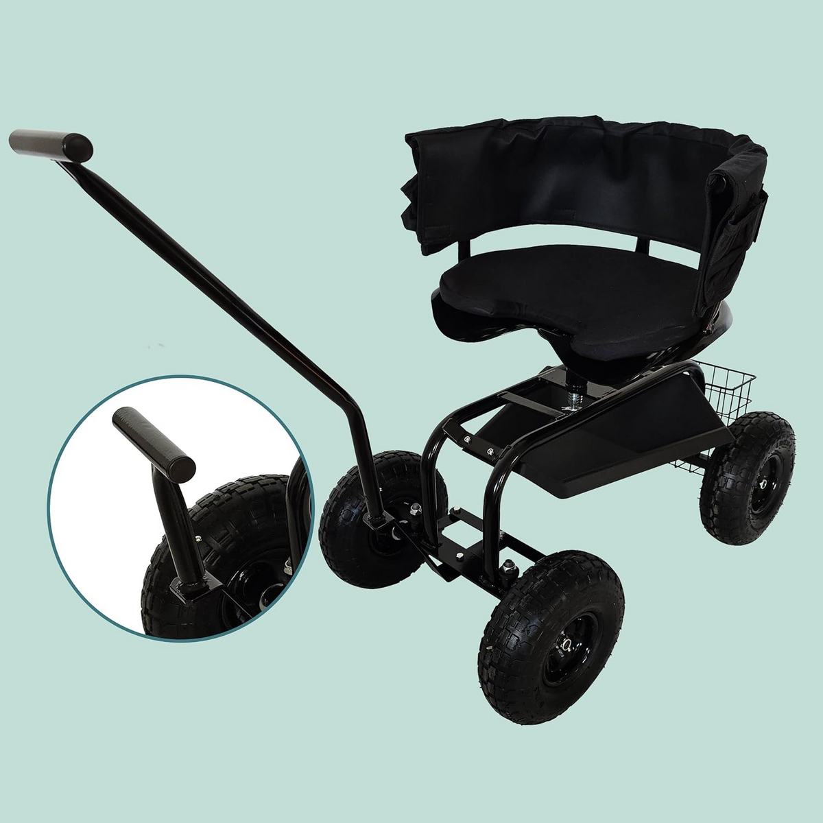 Carrinho de jardinagem com assento regulável, encosto, almofada e espaço de arrumação – Preto
