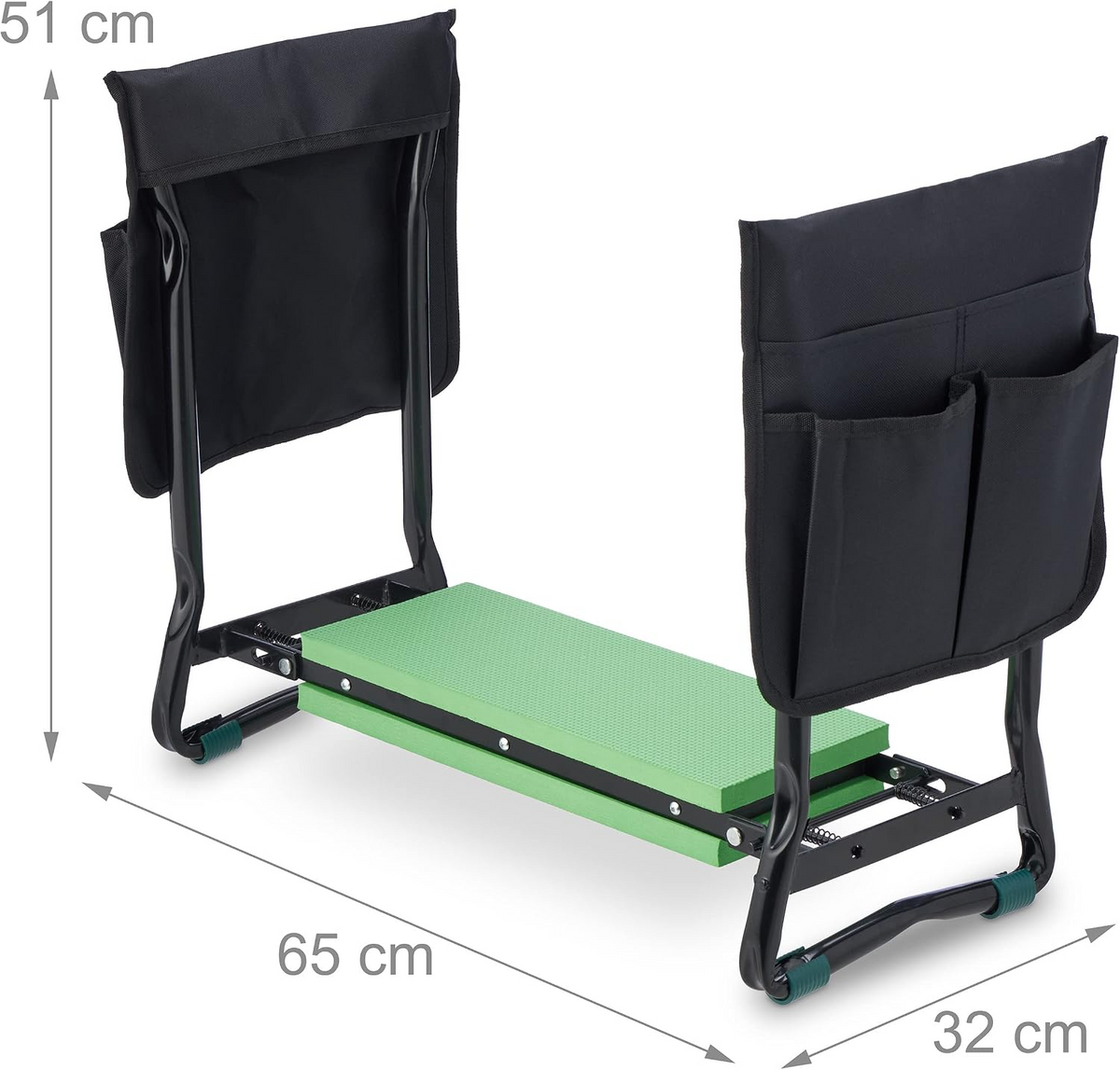 Banco de jardim e ajoelhador dobrável, até 150 kg, com 2 bolsos – Preto e verde