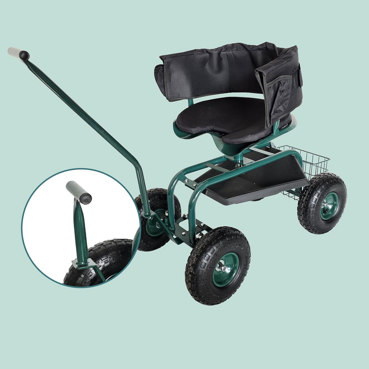 Carrinho de jardinagem com assento regulável, encosto, almofada e espaço de arrumação – Verde