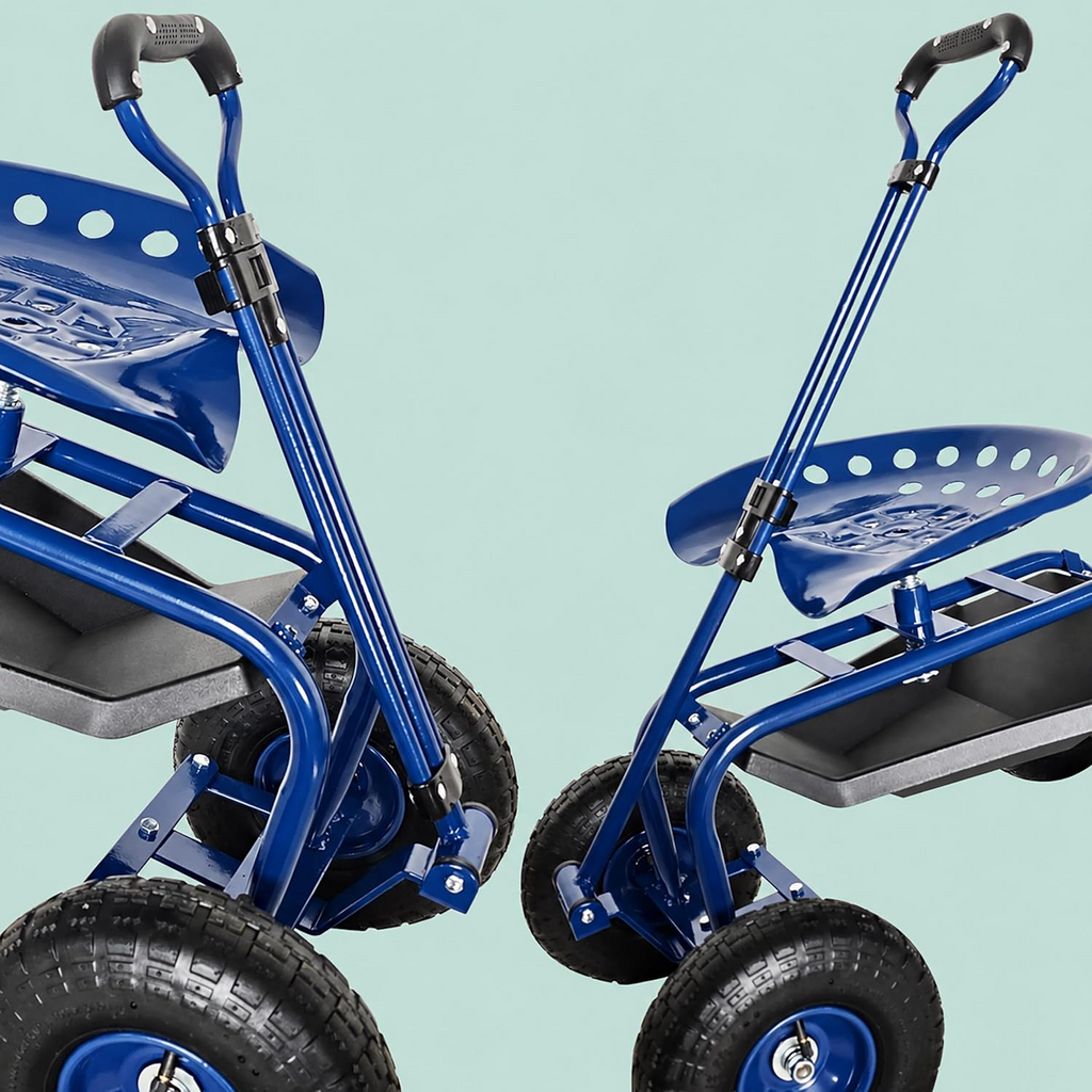 Carrinho de jardinagem com assento regulável, 4 rodas pneumáticas e espaço de arrumação – Azul