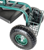 Carrinho de jardinagem com assento regulável, 4 rodas pneumáticas e espaço de arrumação – Verde