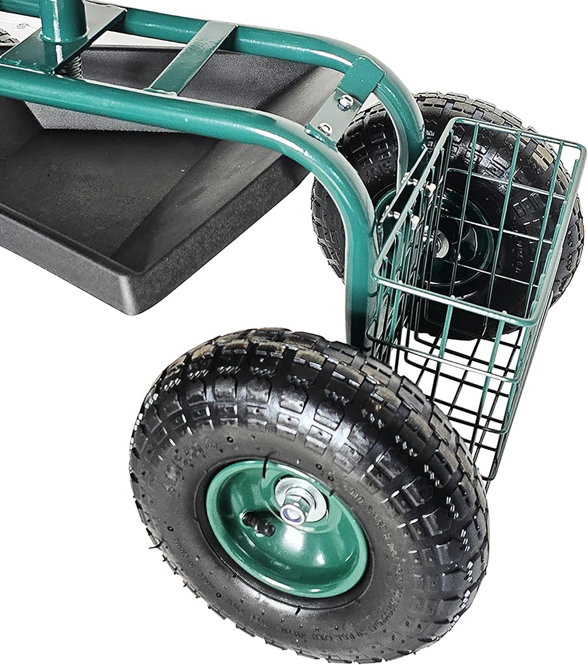 Carrinho de jardinagem com assento regulável, 4 rodas pneumáticas e espaço de arrumação – Verde