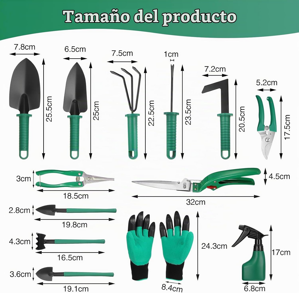 Conjunto de 13 ferramentas de jardinagem com caixa de arrumação – Verde